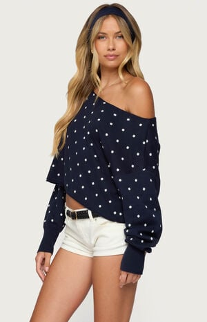 Oversized Off Shoulder Polka Dot Sweater image number 2