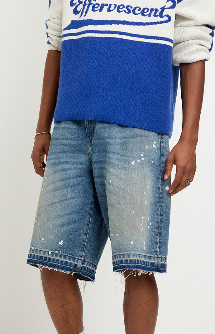 Pacsun Austin Extreme Baggy Jean Shorts Paint Splatter Medium Blue
