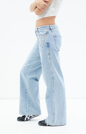 Casey Light Indigo Rhinestone Low Rise Baggy Jeans image number 4