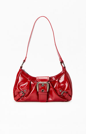 Red Faux Leather Front Buckle Shoulder Bag image number 1
