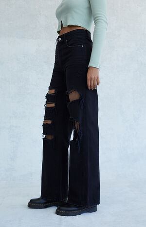 Eco Black Distressed High Waisted Baggy Jeans image number 3