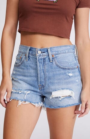 501 Light Blue Ripped Denim Shorts image number 2