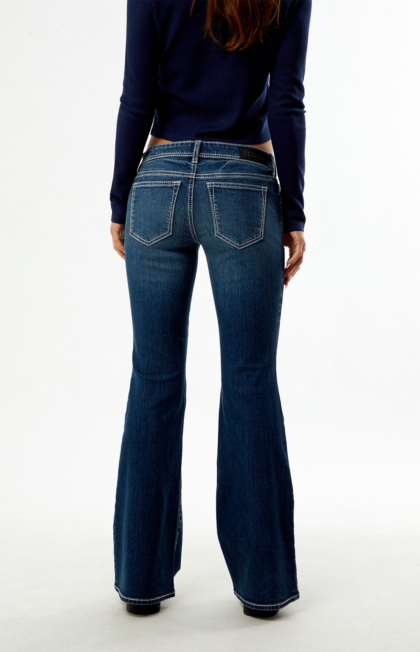 Pacsun Alana Ultra Low Rise Flare Jeans Contrast Stitch Dark Blue
