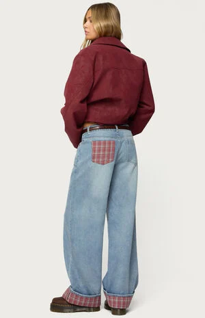 Plaid Cuffed Low Rise Jeans image number 4