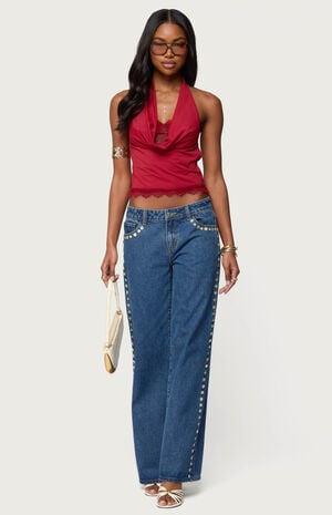 Layered Lacey Cowl Neck Halter Top image number 5