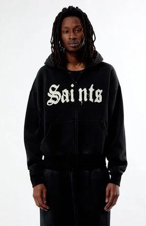 Saints Raw Applique Cropped Full Zip Hoodie&nbsp; image number 1
