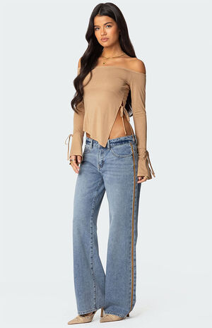 Faux Suede Stripe Low Rise Jeans image number 3
