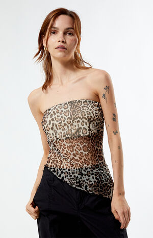 Leopard Mesh Asymmetrical Tube Top image number 1