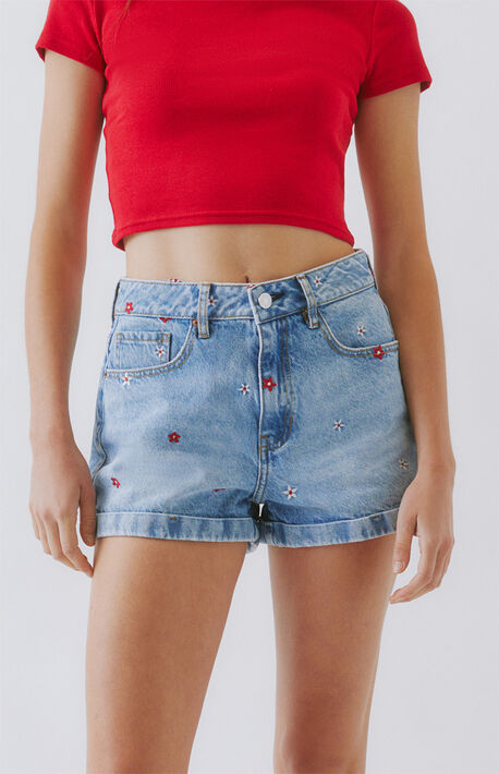 Red Daisy Denim Mom Shorts