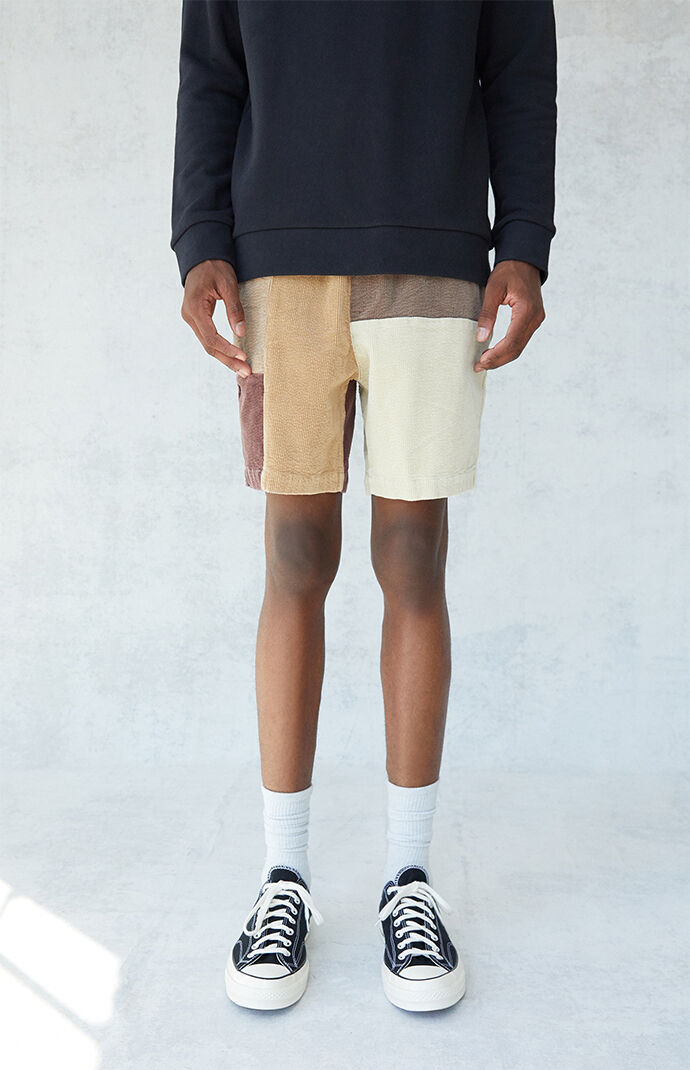 Cream Patchwork Corduroy Volley Shorts