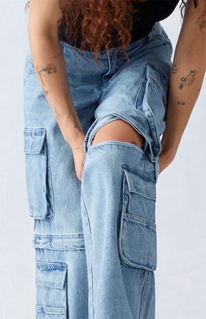 Light Indigo Zip Off Low Rise Baggy Cargo Jeans image number 3