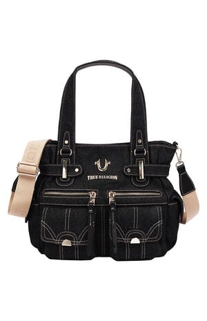 Multi Pocket Black Denim Cinch Tote Bag image number 1