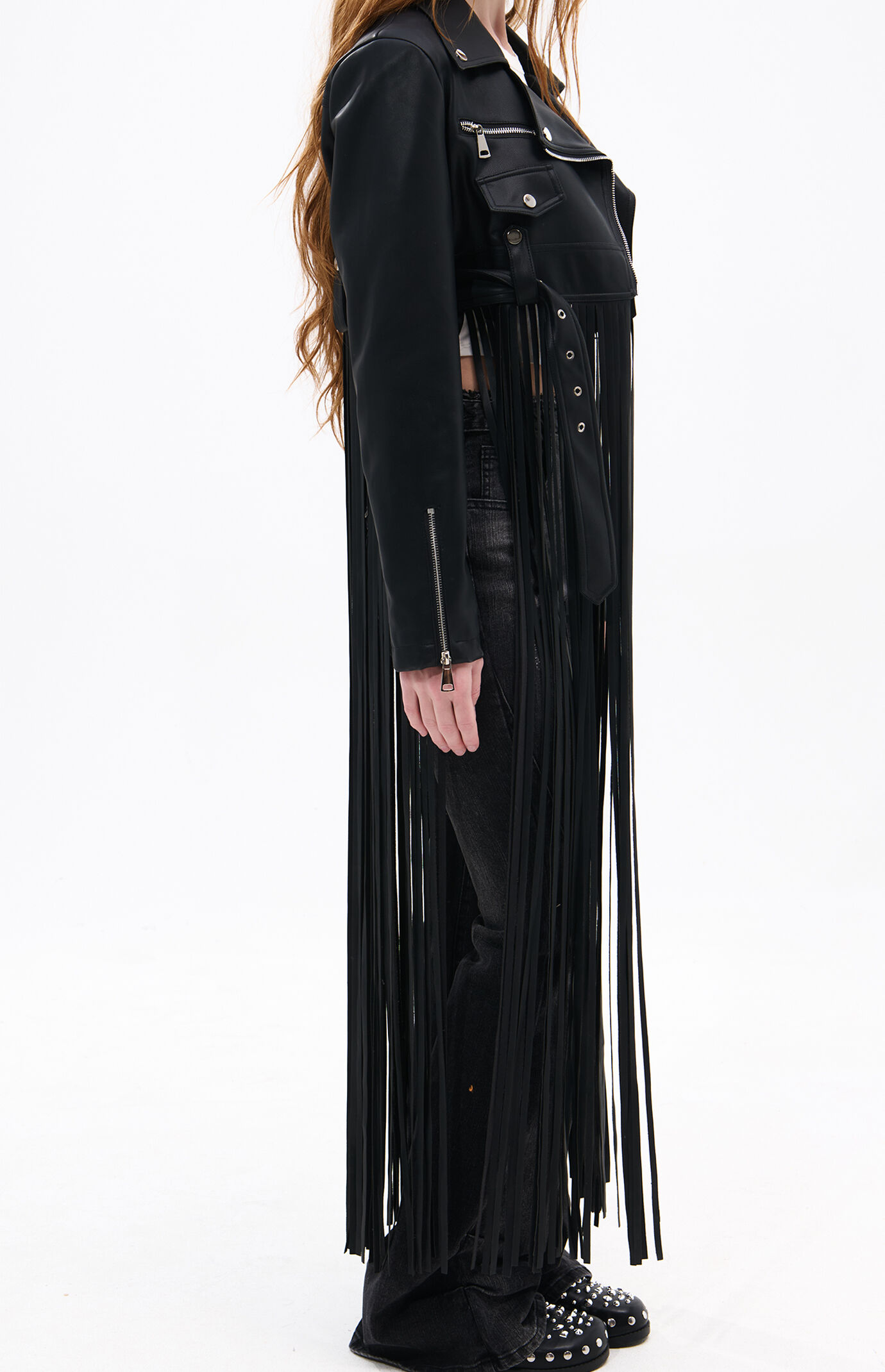 AZALEA WANG Coop Black Fringe Faux Leather Moto Jacket