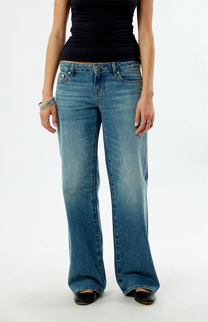 Pacsun Zoe Low Rise Girlfriend Jeans Rhinestone Stud Light Blue