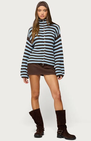 High Neck Striped Zip Up Sweater image number 4