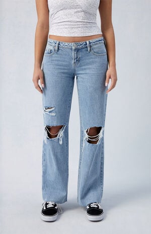 Wren Light Indigo Ripped Low Rise Wide Leg Jeans image number 2