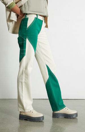 Green & White Paneled Low Rise Carpenter Pants image number 3