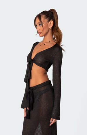 Micro Sequin Tie Front Knit Crop Top image number 4