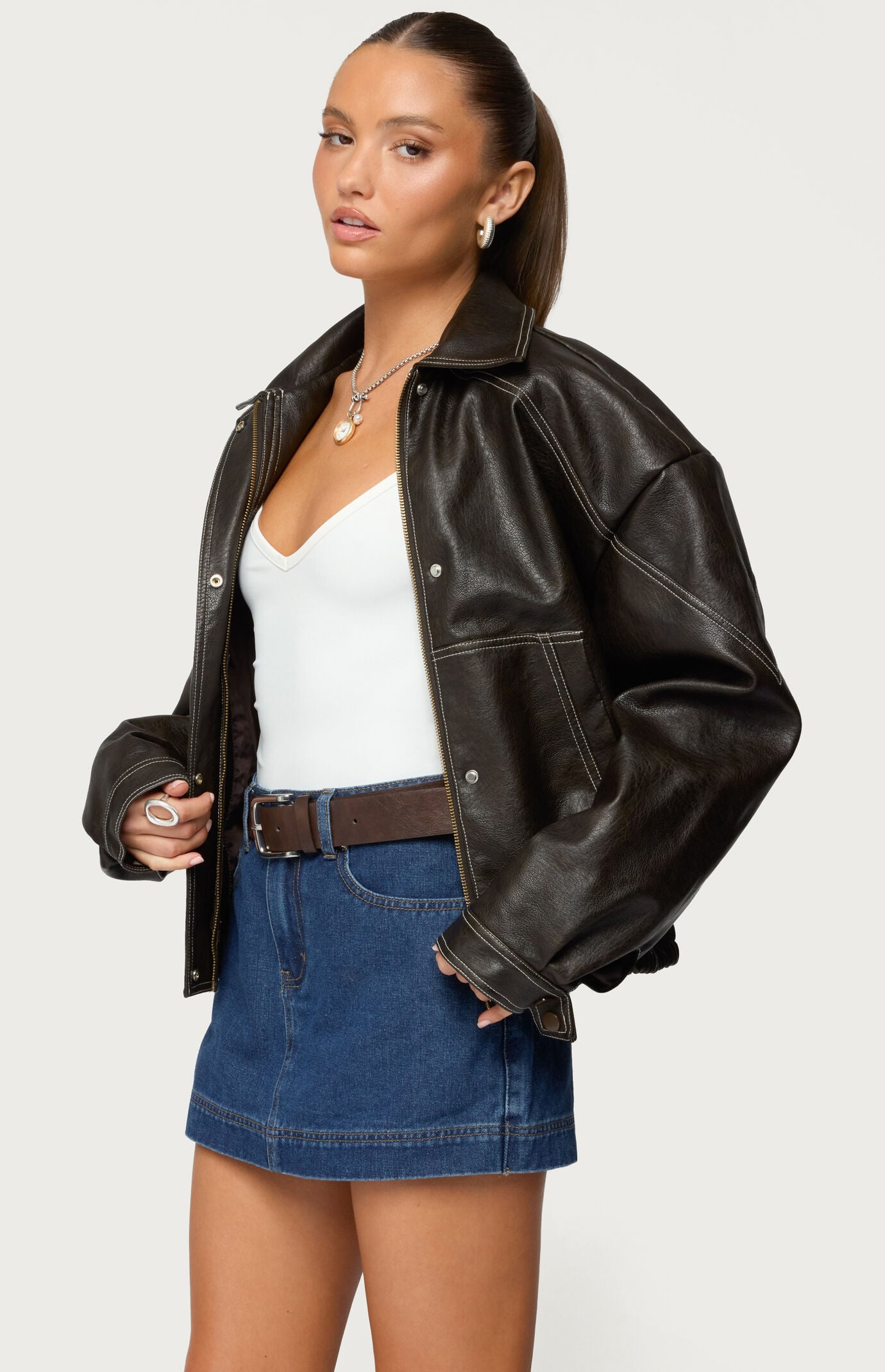 Edikted Jaxson Oversized Faux Leather Bomber Jacket | Pacsun