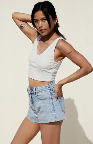 Eco Light Blue Raw Hem Denim Mom Shorts image number 4