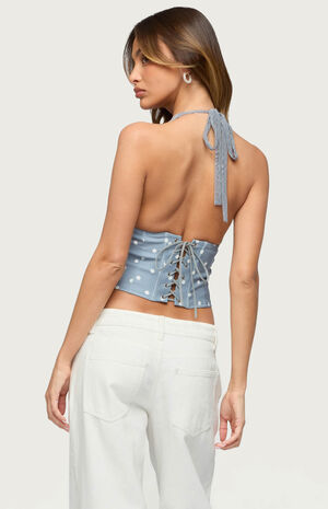 Lacey Polka Dot Lace Up Halter Top image number 3