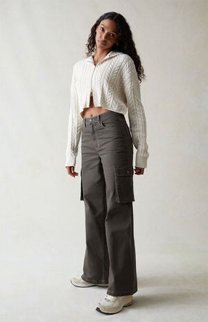 Green High Waisted Wide Leg Cargo Pants image number 4