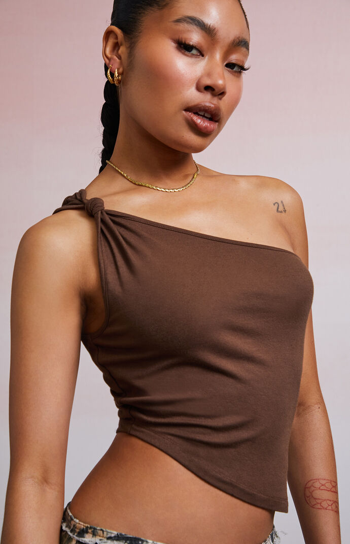 Third Charm Mandy Knot One Shoulder Tank Top