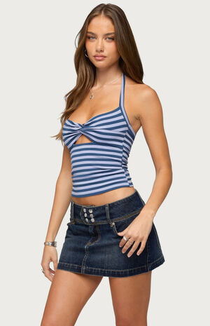 Twisted Cutout Striped Halter Top image number 2