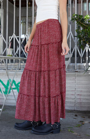 Red Floral Izzy Tiered Maxi Skirt image number 3