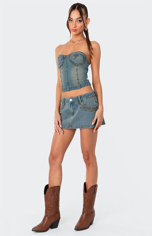 Studded Washed Denim Lace-Up Corset image number 2