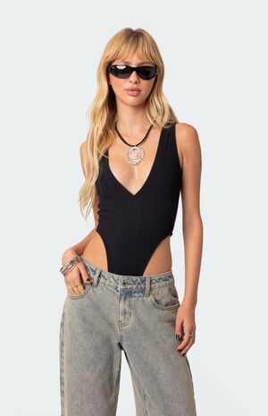 High Cut Ribbed V Neck Bodysuit image number 1