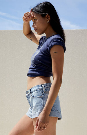 Light Acid Blue Stretch Low Rise Rolled Denim Shorts image number 2