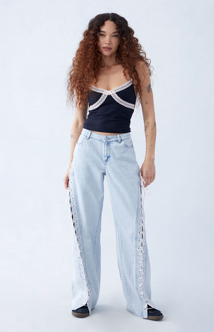 Pacsun Light Indigo Bow Ribbon Lace Up Low Rise Baggy Jeans | Pacsun