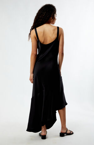 Black Satin Asymmetrical Midi Dress image number 4