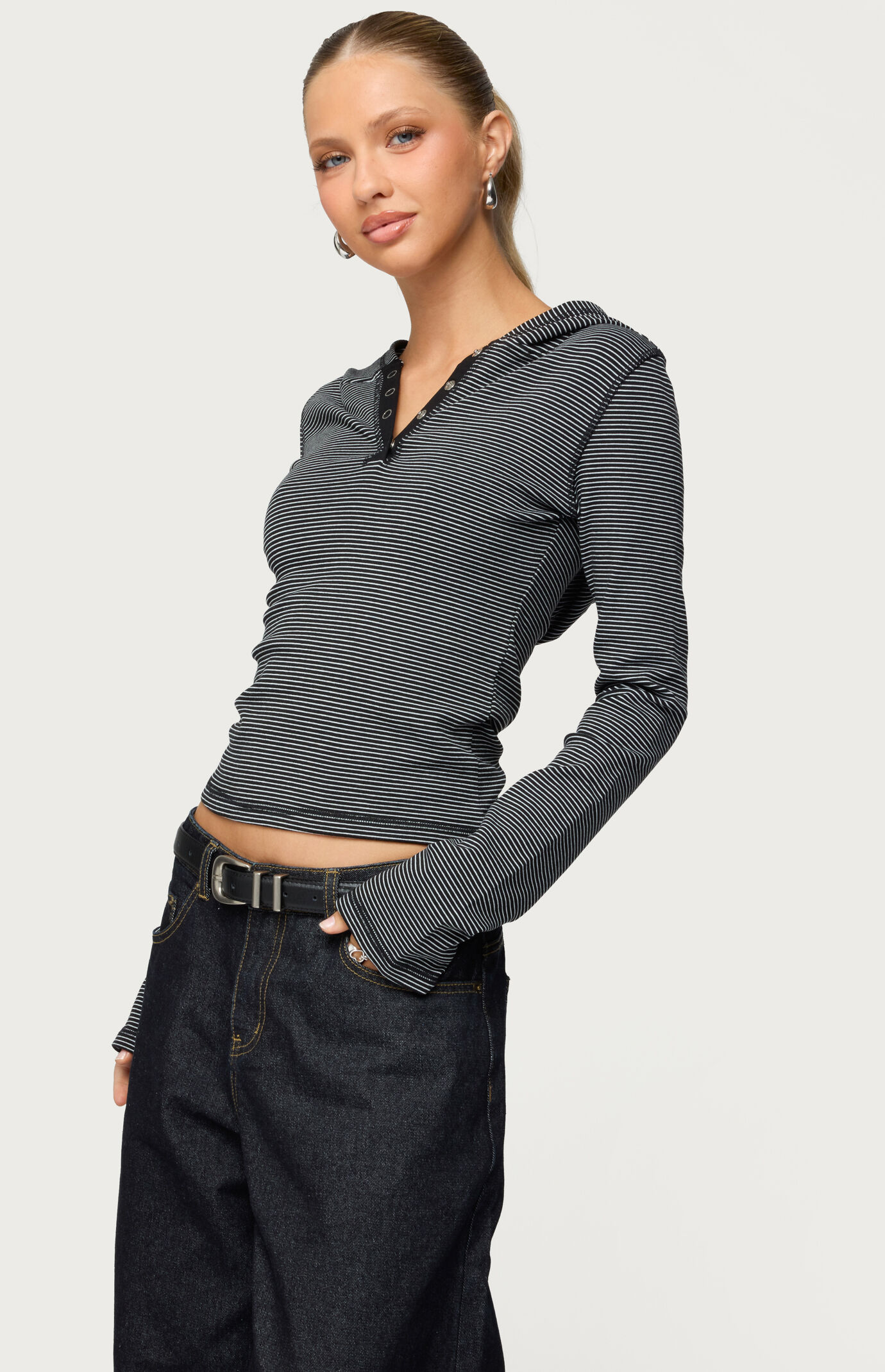 Edikted Damson Striped Hooded Henley Top