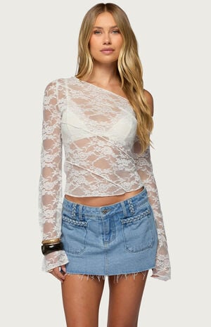 Stitched Sheer Lace Off Shoulder Top image number 1