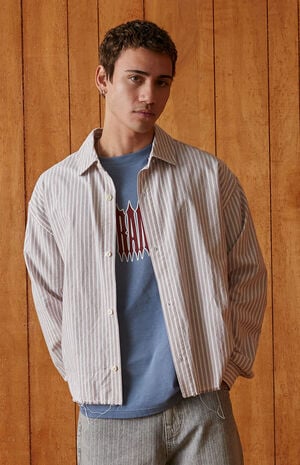 Notice Striped Button Down Cropped Long Sleeve Shirt image number 1