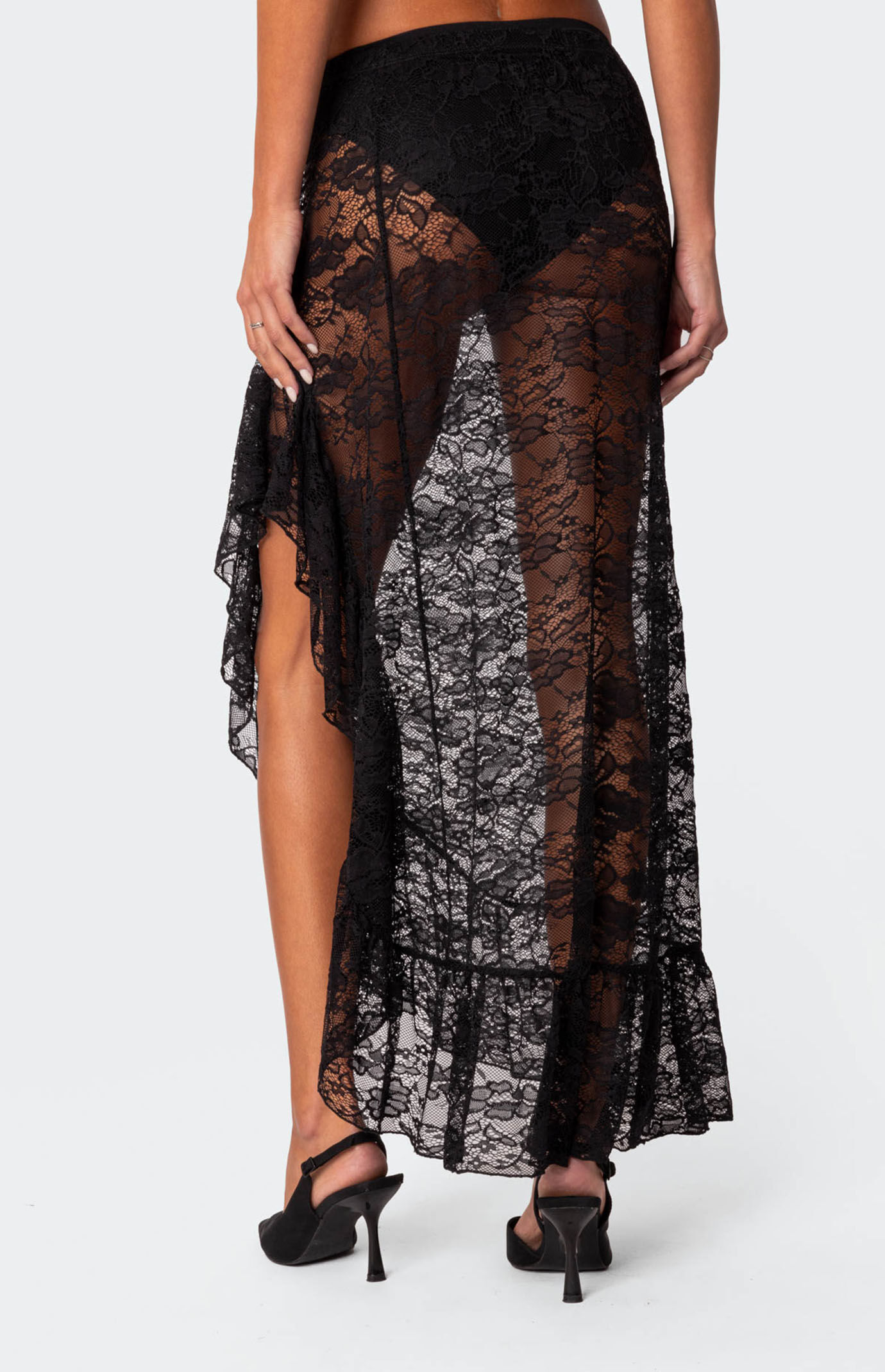 épine lace asymmetry frill skirt Women Denim Mesh Patchwork Lace Skirt High Waist A Line