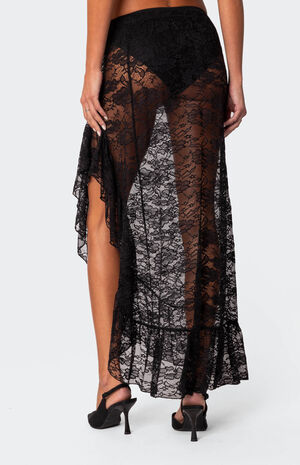 Asymmetric Ruffle Sheer Lace Maxi Skirt image number 4