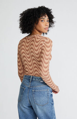 Brown Swirl Mesh Long Sleeve Top image number 3