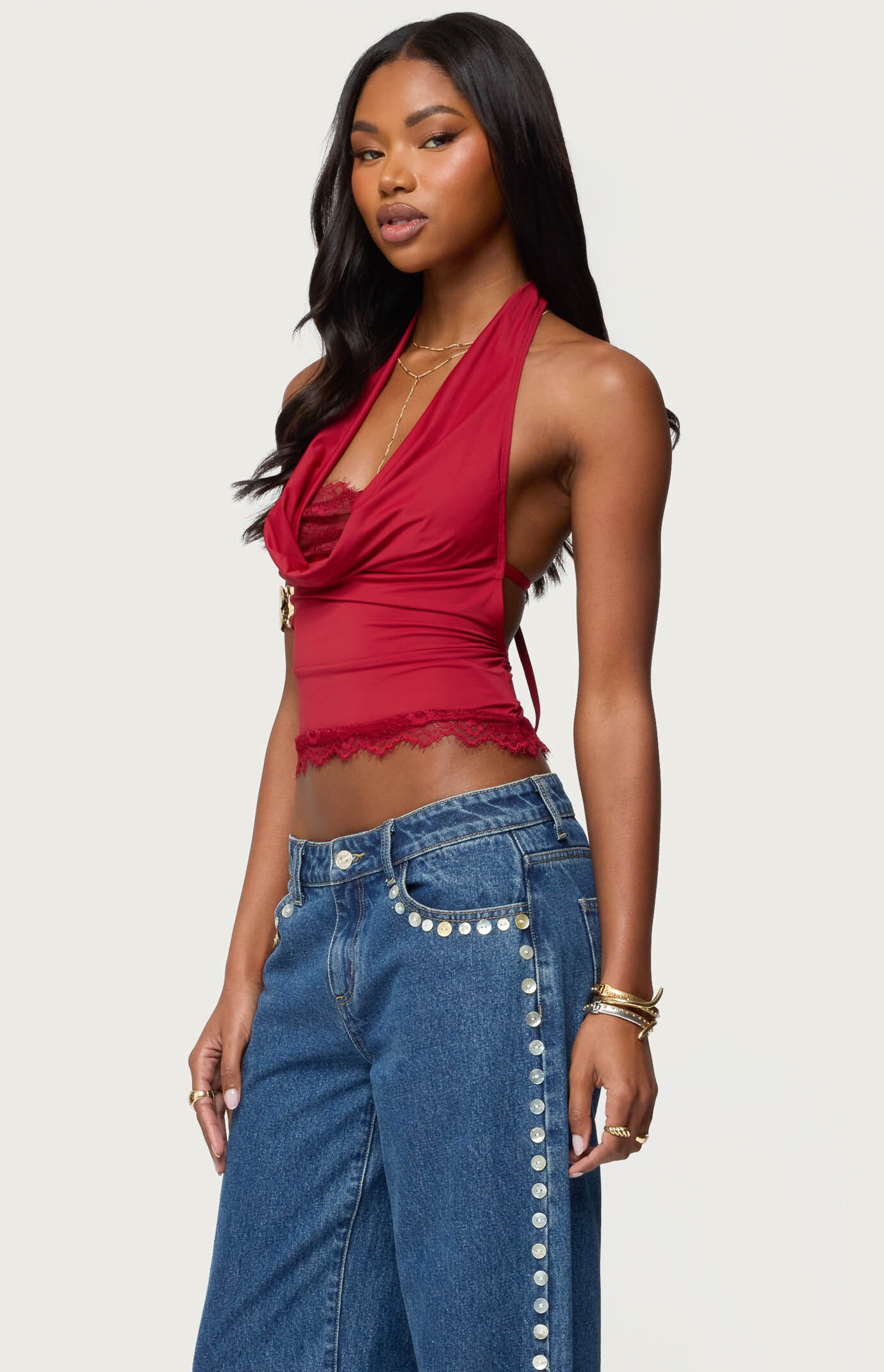 Edikted Layered Lacey Cowl Neck Halter Top | Pacsun