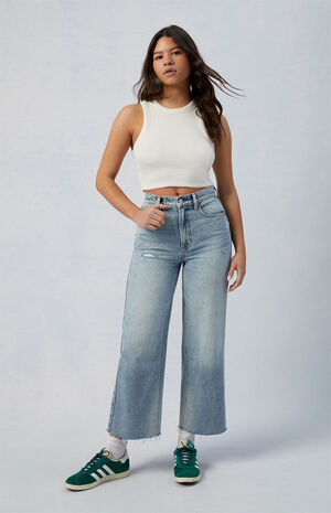 Eco Medium Indigo Ripped Nora Cropped Wide Leg Jeans image number 1