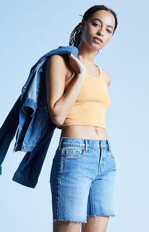 Medium Blue Stretch Longline Denim Shorts image number 2