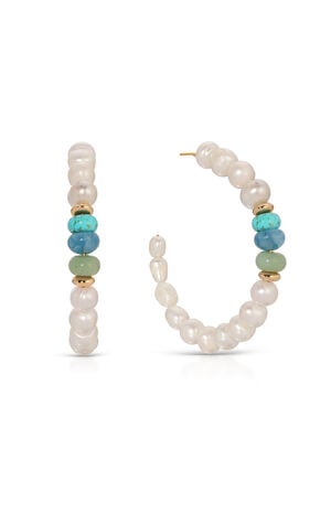 Beach Day Pearl and Blue Gemstone Hoop Earrings image number 1