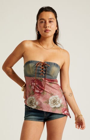 Lace-Up Denim Chiffon Tube Top image number 2