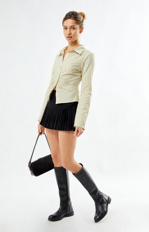 Striped Cinched Long Sleeve Button Down Shirt image number 1