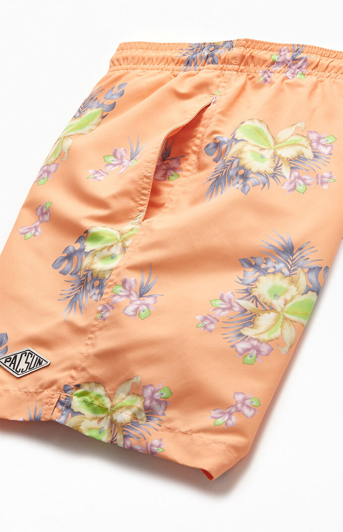 Orange Floral 17" Swim Trunks