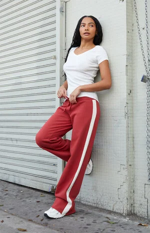 Red Hilary Side Stripe Soft Yoga Baggy Sweatpants image number 1