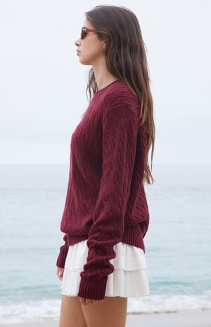 Burgundy Cable Knit Sweater image number 2