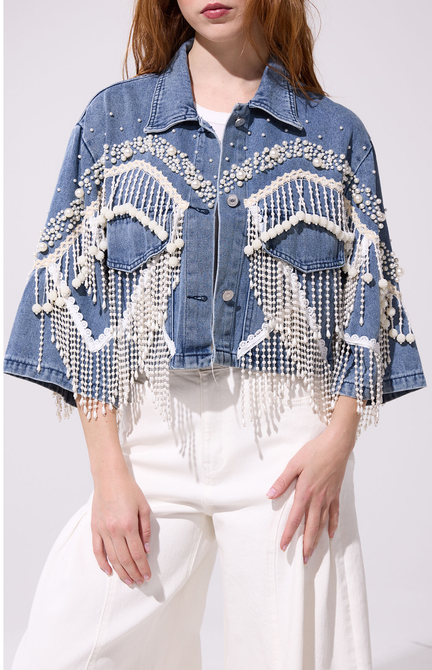 AZALEA WANG Adelynne Pearl Cropped Denim Jacket
